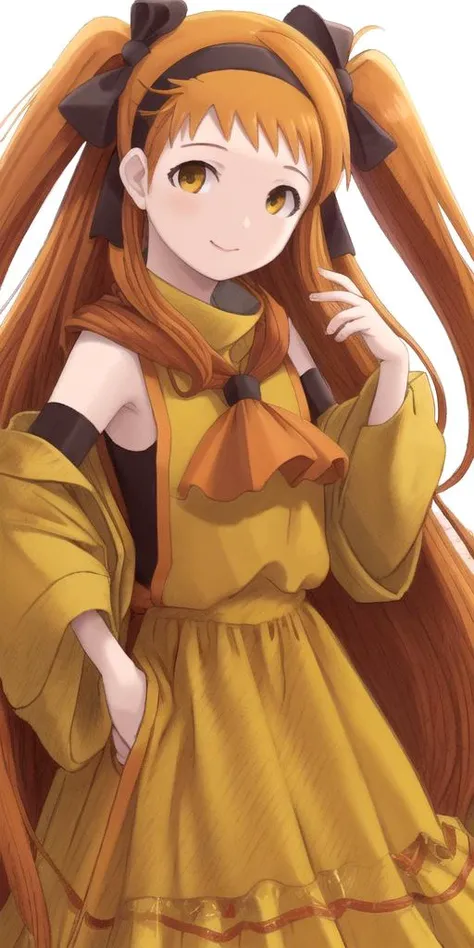 absolutely-impressive-lifelike-realistic, <lora:RtPL-Lina:1> lyuri_(riviera), headband, orange_hair, long_hair, hair_bow, orange_dress