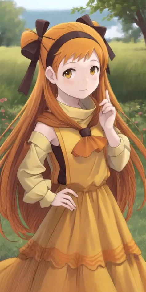 absolutely-impressive-lifelike-realistic, <lora:RtPL-Lina:1> lyuri_(riviera), headband, orange_hair, long_hair, hair_bow, orange_dress