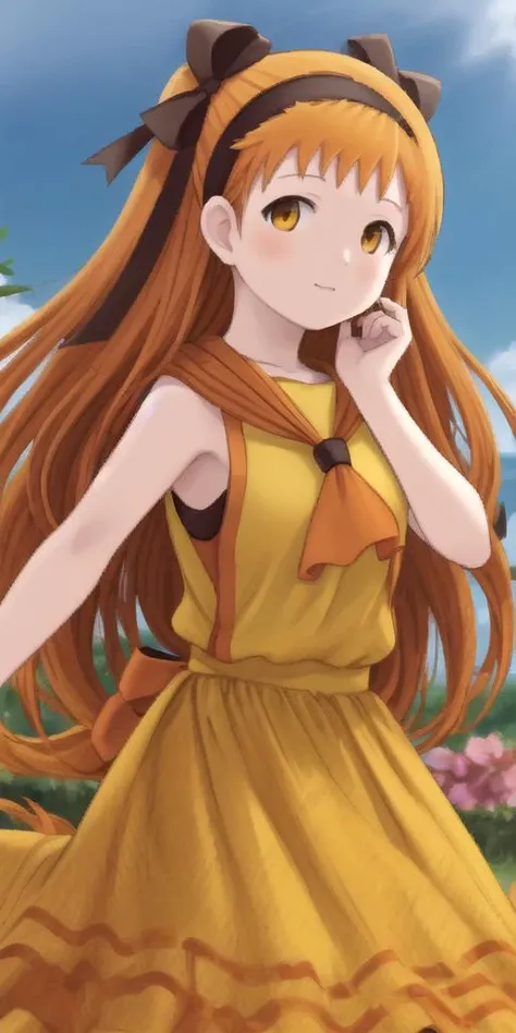 absolutely-impressive-lifelike-realistic,  <lora:RtPL-Lina:1> lyuri_(riviera), headband, orange_hair, long_hair, hair_bow, orange_dress