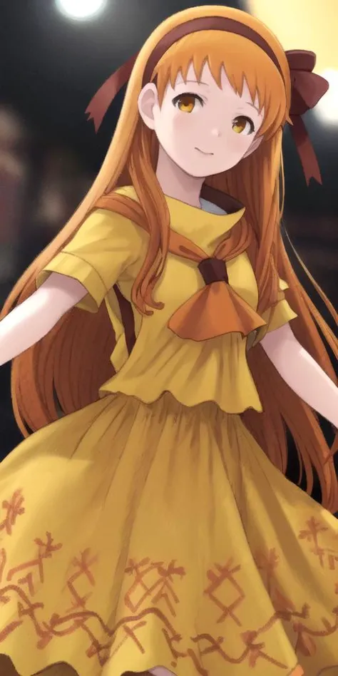 absolutely-impressive-lifelike-realistic, <lora:RtPL-Lina:1> lyuri_(riviera), headband, orange_hair, long_hair, hair_bow, orange_dress
