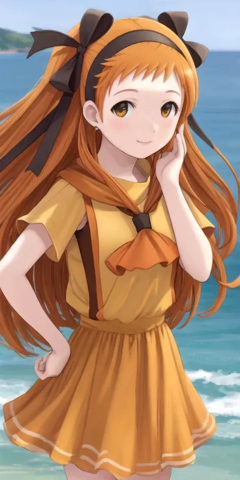 absolutely-impressive-lifelike-realistic, <lora:RtPL-Lina:1> lyuri_(riviera), headband, orange_hair, long_hair, hair_bow, orange_dress