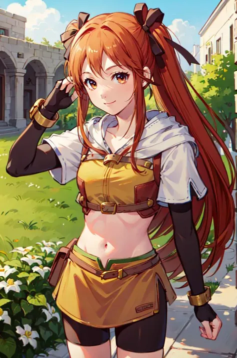 smile, <lora:RtPL-Lina:0.85> lyuri_(riviera), headband, orange_hair, long_hair, hair_bow, <lora:attire_ro_hunter:1> ragnarokhunter,, ultra detailed, masterpiece, best quality, aesthetic, detailed,
