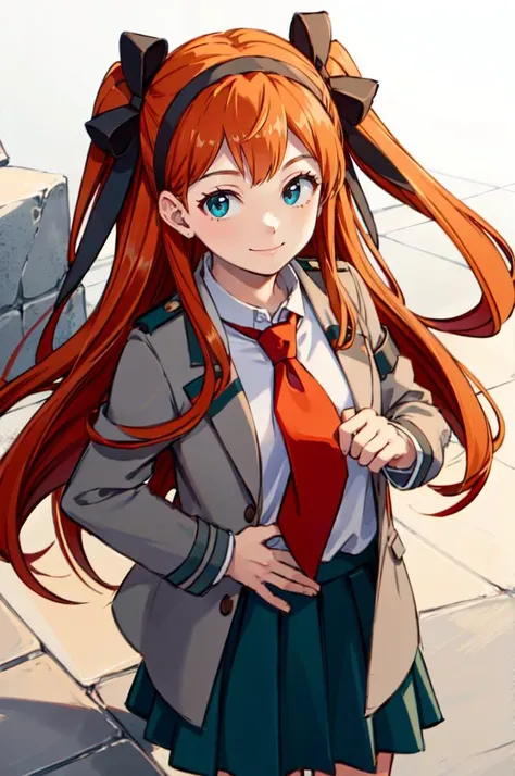 smile, <lora:RtPL-Lina:0.85> lyuri_(riviera), headband, orange_hair, long_hair, hair_bow, <lora:attire_uauniforms:1> u.a. school uniform, grey jacket, red necktie, green skirt,, ultra detailed, masterpiece, best quality, aesthetic, detailed,