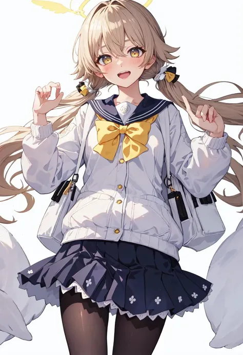 best quality, masterpiece, highres, solo, (hifumi_bluearchive:1.10), 1girl, black pantyhose, blush, long sleeves, looking at viewer, pleated skirt, school uniform, open mouth, white cardigan, bow, simple background, smile, blue skirt, white background, blue sailor collar, hair between eyes, backpack, teeth, 6 <lora:hifumi_bluearchive:0.80>