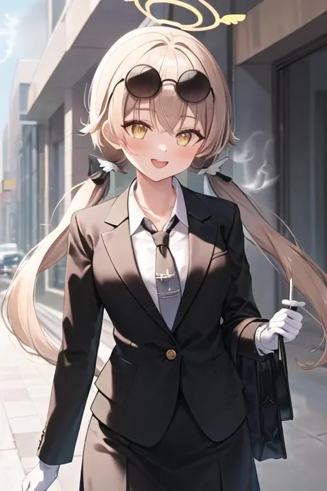 best quality, masterpiece, highres, 1girl, solo, {black business suit:1.40}, {tie:1.20}, {sunglasses:1.25}, {white gloves:1.15}, {white shirt:1.10}, {black skirt:1.15}, {smoking:1.20}, handsome, {hifumi_bluearchive:1.15}, long_hair, twintails, low_twintails, halo, yellow_eyes, light_brown_hair, blush, open_mouth, bangs, smile, collarbone