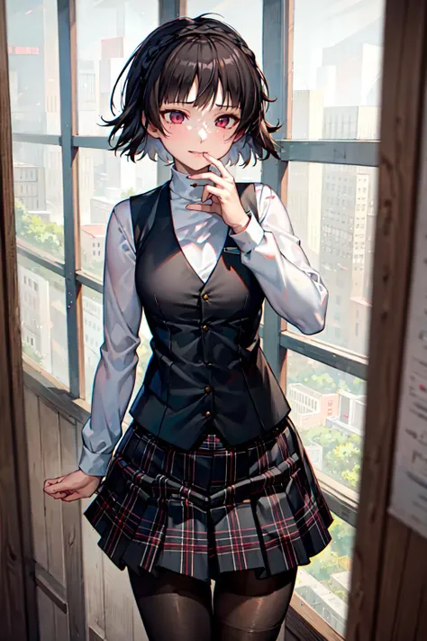 <lora:v4Makoto-14:0.8>, MakotoP5,wearing a CasualCL, CasualCL, long sleeves, vest, black pantyhose, plaid skirt, volumetric lighting, best quality, masterpiece, intricate details, tonemapping, sharp focus, hyper detailed, absurdres, highres, 1girl