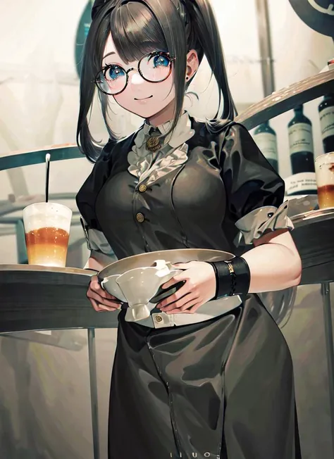 ((best quality)), ((highly detailed)), absurdres, (detailed eyes, deep eyes), (1girl), cowboy shot, very wide shot, <lora:hairdetailer:.5>, nerd, <lora:LoraRoundGlassesV1:.8>, round glasses, thick rimmed glasses, smile, (indoors, in a bar, waitress ), <lora:Style_IBUO-DEF:.8>, ibuo style