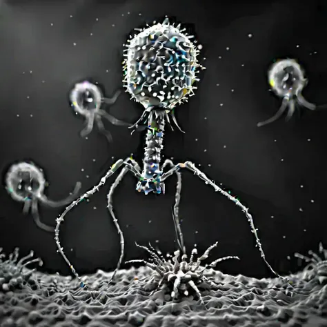 <lora:Phage_XL-000014:1> group of phage, grayscale, monochrome, attacking bacteria, as seen with an electron microscope