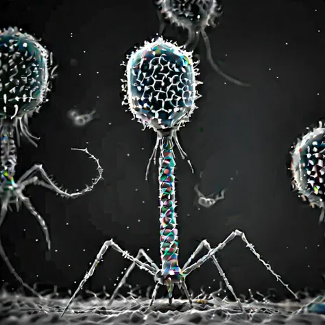 <lora:Phage_XL-000014:1> group of phage, grayscale, monochrome, attacking bacteria, as seen with an electron microscope
