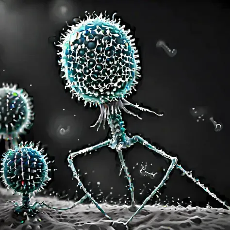 <lora:Phage_XL-000014:1> phage, grayscale, attacking bacteria