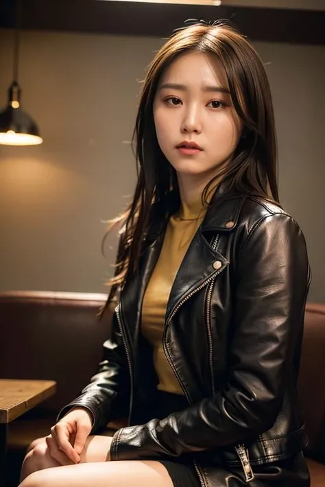 Best quality, masterpiece, ultra high res, (photorealistic:1.4), raw photo, 1girl, closeup, in coffeeshop, deep shadow, dark theme, sitting down, long hair, leather jacket
<lora:Mur0mizu:1>