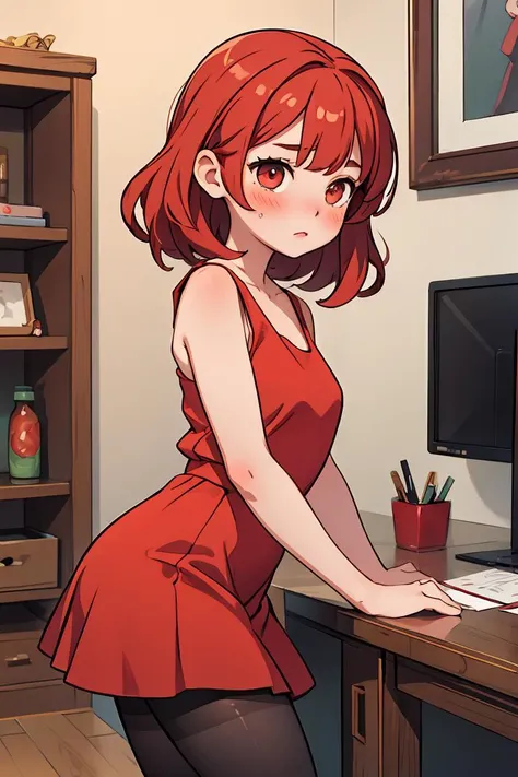 (masterpiece, best quality), 1girl, red dress, pantyhose, cute face, blush,