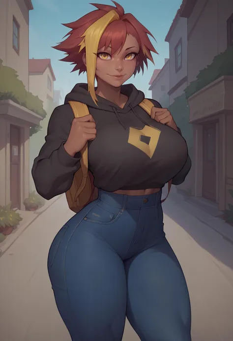 score_9, score_8_up, score_7_up, score_6_up BREAK outdoors,solo,happy,looking at viewer,hoodie,high-waist jeans,thick thighs,facing viewer,backpack,MarleB, toned,large breasts,dark skin, yellow eyes, short hair, multicolored hair, asymmetrical bangs <lora:MarleBarrockPDXL_V1-Manityro-CAME:0.8>