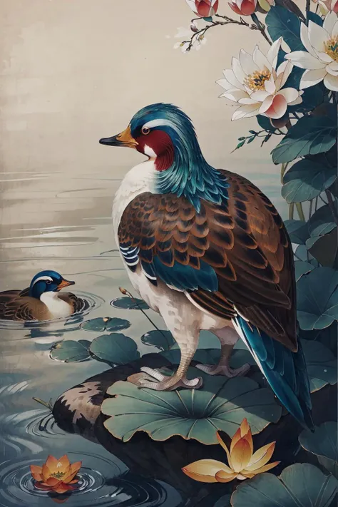 (masterpiece:0.8),best quality,
gongbiv,gongbi painting,no humans,bird,mandarin duck,flower,leaf,animal focus,white flower,plant,water,lily pad,animal,red hair,wings,feathers,solo,full body,outdoors,brown background,blue flower,standing,simple background,from side,flying,profile,tan background,scenery,closed mouth,
Chinese style meticulous painting,<lora:gongbi painting:0.7>,