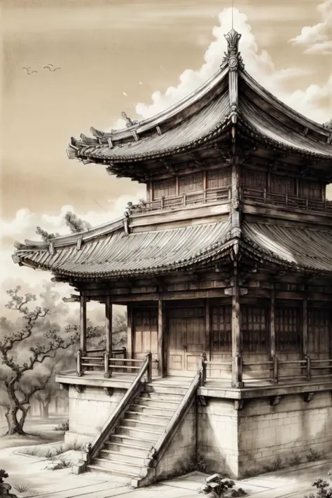(masterpiece:0.9),best quality,
gongbiv,gongbi painting,architecture,east asian architecture,no humans,scenery,stairs,building,door,white background,window,railing,simple background,sepia,rooftop,outdoors,balcony,gate,shrine,sliding doors,pillar,tree,
Chinese meticulous painting style,<lora:gongbi painting_v1:0.8>,<lora:more_details:0.6>,