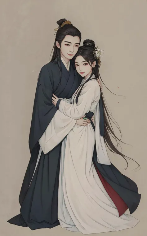 (masterpiece:0.8),best quality,
gongbiv,gongbi painting,1girl,1boy,chinese clothes,hair ornament,simple background,hanfu,black hair,flower,hair flower,jewelry,wide sleeves,standing,long sleeves,smile,looking at viewer,full body,long hair,hug,hetero,closed mouth,black eyes,lips,single hair bun,red lips,robe,hair bun,dress,ring,brown eyes,makeup,korean clothes,lipstick,brown hair,
Chinese style meticulous painting,<lora:gongbi painting:0.8>,
