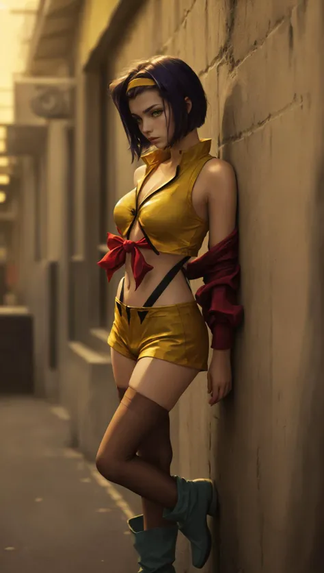 faye valentine,yellow hairband, yellow crop top, red shirt, off shoulder, tied shirt, suspenders, midriff, yellow shorts, thighhighs, high heel boots,Neon Dreams,fcPortrait, <lora:FayeValentineV3:1>
