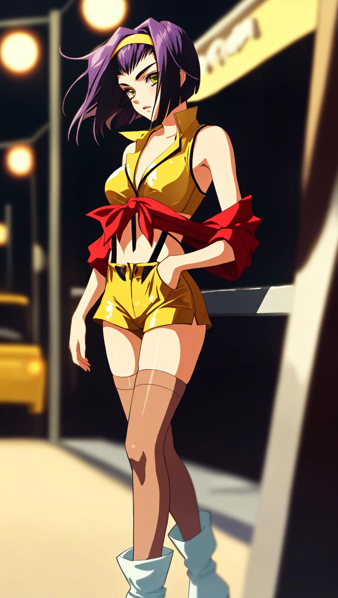 faye valentine,yellow hairband, yellow crop top, red shirt, off shoulder, tied shirt, suspenders, midriff, yellow shorts, thighhighs, high heel boots,Neon Dreams,fcPortrait, <lora:FayeValentineV3:1>