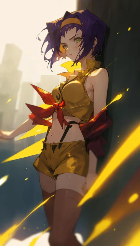 faye valentine,yellow hairband, yellow crop top, red shirt, off shoulder, tied shirt, suspenders, midriff, yellow shorts, thighhighs, high heel boots,Neon Dreams,fcPortrait,  <lora:FayeValentineV3:1>