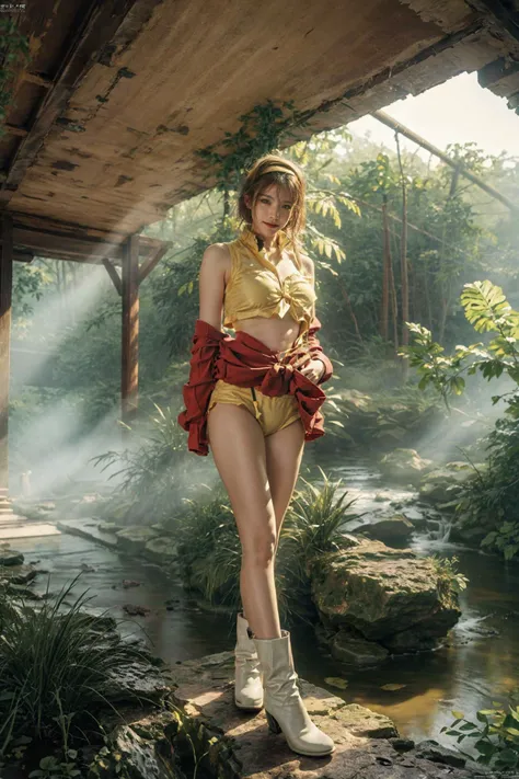 (best quality, masterpiece, photo realistic:1.5), raw photo, ultra high res, professional photograph, 8k wallpaper, HDR, perfect artwork, detailed skin texture, depth of field, (cinematic lighting), natural shading, (vivid colors), brightness:1.2
1girl, faye valentine, Kpop idol ,detailed face, (seductive smile:1.2), large breasts, narrow waist, yellow hairband, yellow crop top, red shirt, off shoulder, tied shirt, suspenders, midriff, yellow shorts, thighhighs, high heel boots, (modelshoot style ), panties in skirt,
Outdoor , waterfall , rocks , rainbow , mist , ferns, bright background, (extremely tall ceiling), backlighting, <lora:add_detail:1> <lora:FayeValentineV3:0.75>, <lora:koreanDollLikeness_v20:0.3>
