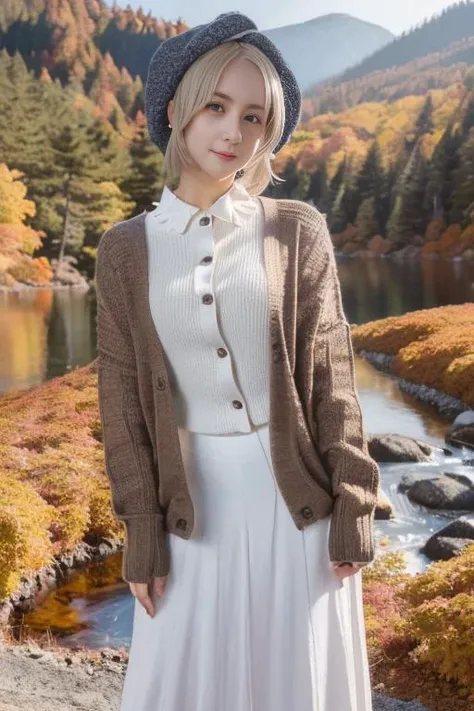 1girl,(wearing a cardigan and long skirt:1.2),(wearing a wooly beret),(RAW photo, best quality), (realistic, photo-realistic:1.4), masterpiece, an extremely delicate and beautiful, extremely detailed, 2k wallpaper, Amazing, finely detail, extremely detailed CG unity 8k wallpaper, ultra-detailed, highres, hard light, beautiful detailed girl, extremely detailed eyes and face, beautiful detailed nose, beautiful detailed eyes,cinematic lighting,(in a beautiful forest of pine trees at a Japanese countryside),(realistic background),(autumn scenery:1.3),(maple trees in autumn),(by a small rocky river),(morning light),perfect anatomy,slender body,smiling,<lora:yoshidayuuri_lora:1>,(short hair)