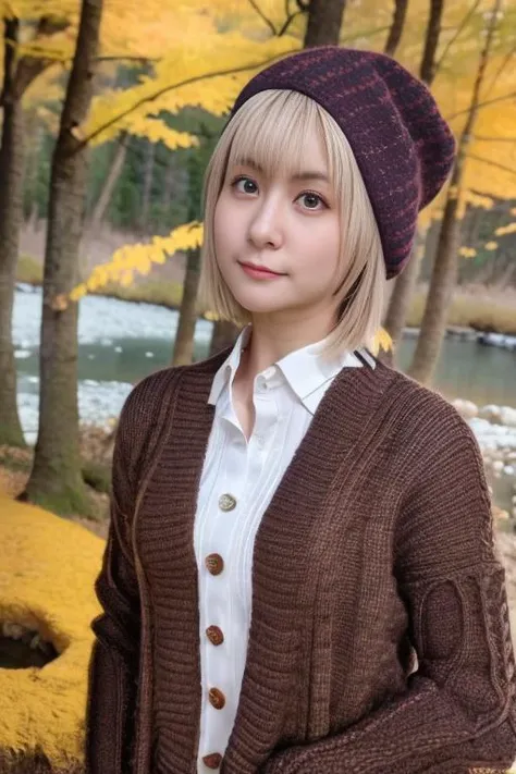 1girl,(wearing a cardigan and long skirt:1.2),(wearing a wooly beret),(RAW photo, best quality), (realistic, photo-realistic:1.4), masterpiece, an extremely delicate and beautiful, extremely detailed, 2k wallpaper, Amazing, finely detail, extremely detailed CG unity 8k wallpaper, ultra-detailed, highres, soft light, beautiful detailed girl, extremely detailed eyes and face, beautiful detailed nose, beautiful detailed eyes,cinematic lighting,(in a beautiful forest of pine trees at a Japanese countryside),(autumn scenery:1.3),(maple trees in autumn),(by a small rocky river),(morning light),perfect anatomy,slender body,smiling,<lora:yoshidayuuri_lora:1>,(short hair)
