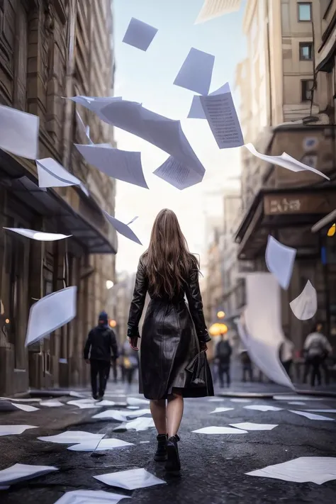 (Realistic), realism, hdr, masterpiece, best quality, absurdres, cinematic lighting, natural shadow, ray tracing, volumetric lighting, highest detail, professional photography, detailed background, depth of field, insane details, intricate, aesthetic, detailed face, subsurface scattering, realistic hair, realistic eyes, photo of a woman walking in the street of a city, outdoors, looking at viewer, paperexplosion, motion blur, surrounded by papers, papers flying in the air, papers flying from above,