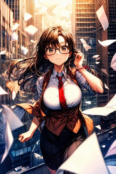 masterpiece, best quality, absurdres, highest detail, detailed background, depth of field, insane details, intricate, aesthetic, paperexplosion, motion blur, surrounded by papers, papers flying in the air, papers flying from above, yomikoreadman, brown_vest, white_shirt, red_necktie, waistcoat, skirt, glasses, rooftop, skyscraper,