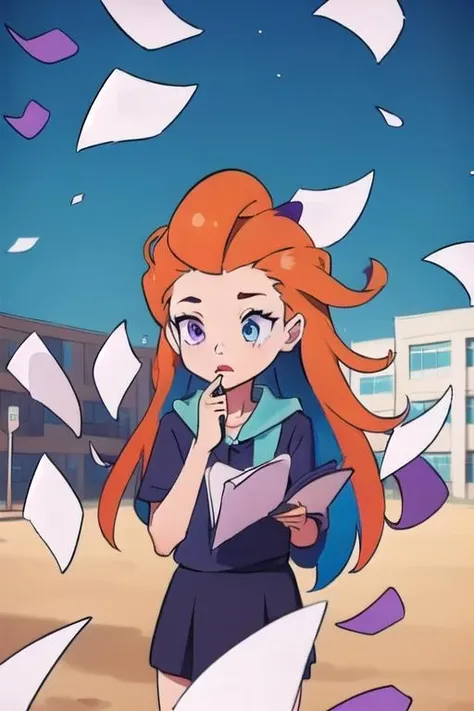 , (disheveled hair),[orange hair:purple buttom hair:0.8],forehead,zoe,long hair,blue and purple  eyes,
paperexplosion,surrounded by papers,papers flying in the air,papers flying from,school yard,