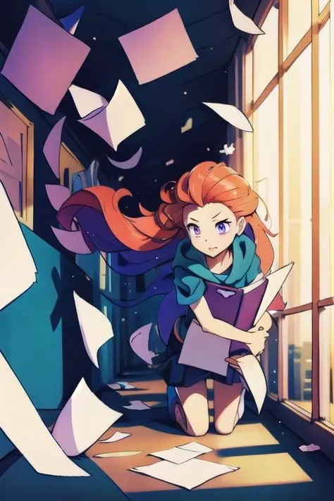, (disheveled hair),[orange hair:purple buttom hair:0.8],forehead,zoe,long hair,blue and purple  eyes,
paperexplosion,surrounded by papers,papers flying in the air,papers flying from,school hallway,crowd,crowd,