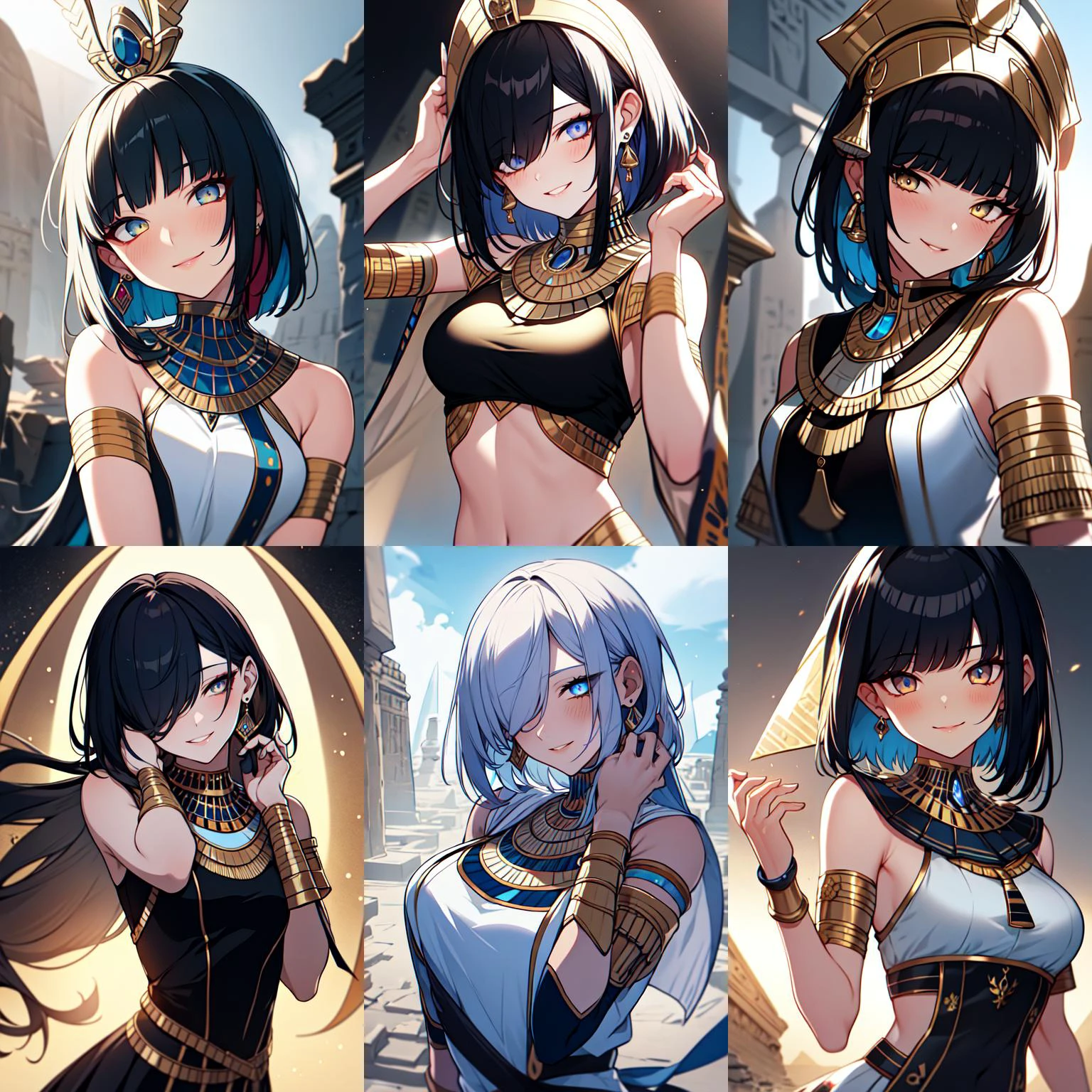 (otherworldly, otherworldly atmosphere, otherworldly appearance), highly insanely detailed, masterpiece, top quality, best quality, highres, 4k, 8k, RAW photo, collar, earrings, jewelry, necklace, armlet,
(long_hair, long hair, random colors cloth, random colors hair, random long hair, dynamic hair, glowing hair),
eyelashes, eyeliner, makeup, hair over one eye,
(dynamic pose), (dynamic weather), (dynamic background), nsfw,
1girl, (portrait:1.2),
((ancient egyptian theme)), golden ornaments,
BREAK
1girl, short hair, bob cut, bangs, smile, light blush, upper body, head tilt, ancient egyptian sailor_shirt, ancient egyptian pleated_skirt, bowtie, hair behind ear,
BREAK, (fantasy world)