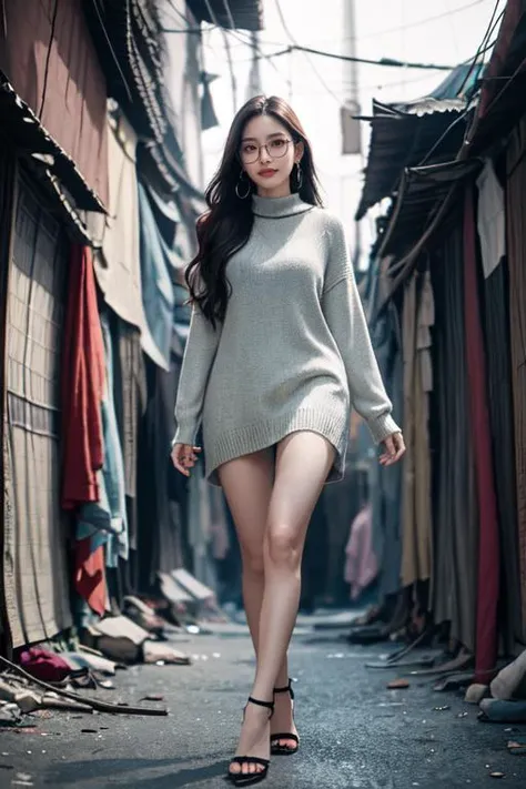 (otherworldly, otherworldly atmosphere, otherworldly appearance), highly insanely detailed, masterpiece, top quality, best quality, highres, 4k, 8k, RAW photo, Caribbean, egyptian,
depth of field, focused, foreshortening,
(dark tunnel, flower field, flower filed, china street),
(long_hair, long hair), collar, earrings, (Latina:0.5),
(Adult, jav, half naked, nsfw:0.8),
1girl, solo, earrings, jewelry, (glasses), portrait, mole, lips, closed mouth, mole under eye, long hair,
Slender, a pretty sexy style woman, k-pop idol, korean celebrity, 25 years old beautiful girl, sparking eyes, sparking lips, big breasts, tall girl, beautiful legs, brown wave long hair, lean wall, look at viewer, (huge breasts), ((transparent, virgin killer sweater, kill heels)), (random colors cloth), city, street background,
fisheye, from below,
(air bed, indian slums, egyptian slums:1.2), Air Mattress,
(smiling at viewer), (fantasy world)