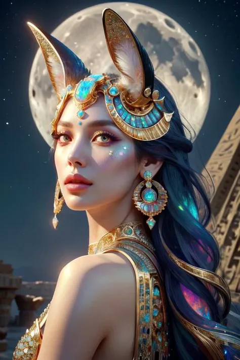(otherworldly, otherworldly atmosphere, otherworldly appearance), highly insanely detailed, masterpiece, top quality, best quality, highres, 4k, 8k, RAW photo, (long_hair, long hair), collar, earrings, jewelry, 
(random colors cloth, random colors hair, random long hair, dynamic hair, glowing hair), 
long hair, eyelashes, eyeliner, makeup, hair over one eye, 
(dynamic pose), (dynamic weather), (dynamic background), nsfw, 
1girl, (portrait:1.2), 
moon, night, ((ancient egyptian theme)), (anubis ears), (gold), golden ornaments, 
1girl, looking at viewer, bangs, parted lips, 
<lora:opal-style-darquelilly-v1:1>,  opalstyle, (fantasy world)