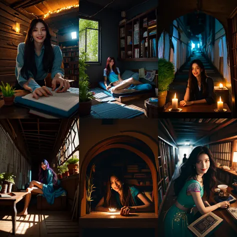 (otherworldly, otherworldly atmosphere, otherworldly appearance), highly insanely detailed, masterpiece, top quality, best quality, highres, 4k, 8k, RAW photo, Caribbean, egyptian, 
depth of field, focused, foreshortening, 
(dark tunnel, flower field, flower filed, china street), 
(long_hair, long hair), collar, earrings, 
(random colors cloth, random colors hair, random long hair), sparking lips, eyeliner, makeup, hair over one eye, 
(Adult, jav, half naked, nsfw:0.8), 
(dynamic pose), 
evening, evening room, (screen), in the background there is a bookshelf on the wall, [pots with plants], plants, candles, books on the table, dark, 
<lora:MomoGirls_v40:0.8>, 
tied shirt, 
fisheye, from below, 
(air bed, indian slums, egyptian slums:1.2), Air Mattress, 
(smiling at viewer), (fantasy world)