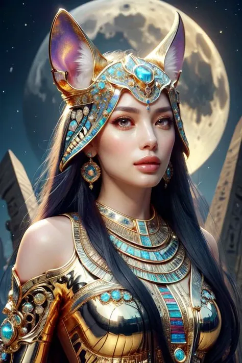 (otherworldly, otherworldly atmosphere, otherworldly appearance), highly insanely detailed, masterpiece, top quality, best quality, highres, 4k, 8k, RAW photo, (long_hair, long hair), collar, earrings, jewelry, 
(random colors cloth, random colors hair, random long hair, dynamic hair, glowing hair), 
long hair, eyelashes, eyeliner, makeup, hair over one eye, 
(dynamic pose), (dynamic weather), (dynamic background), nsfw, 
1girl, (portrait:1.2), 
moon, night, ((ancient egyptian theme)), (anubis ears), (gold), golden ornaments, 
1girl, looking at viewer, bangs, parted lips, 
<lora:opal-style-darquelilly-v1:1>,  opalstyle, (fantasy world)