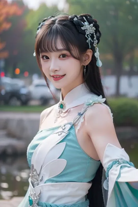 ltra-detailed,highly detailed,best quality,masterpiece,illustration,realistic,photorealistic,
zhuxianbiyao, 1girl, solo, cosplay, 
hanfu, jewelry, 
looking at viewer, light smile, 
<lora:zhuxianbiyao_v1_07:0.7>