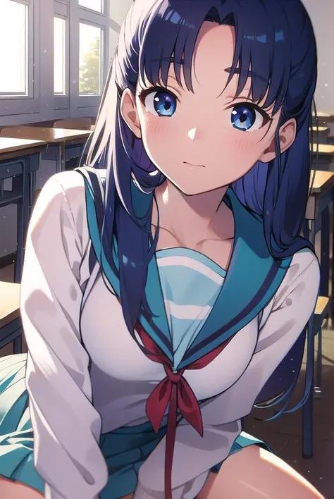 ryoukoasakura, <lora:ryoukoasakuratest:1>, 
ryouko asakura, blue hair, blue eyes, long hair,
BREAK blue sailor collar, blue skirt, brown footwear, collarbone, kita high school uniform, loafers, long sleeves, red ribbon, ribbon, sailor collar, school uniform, shirt, shoes, skirt, socks, white shirt, white socks, winter uniform,
BREAK looking at viewer,
BREAK indoors, classroom,
BREAK <lora:GoodHands-vanilla:1>, (masterpiece:1.2), best quality, high resolution, unity 8k wallpaper, (illustration:0.8), (beautiful detailed eyes:1.6), extremely detailed face, perfect lighting, extremely detailed CG, (perfect hands, perfect anatomy),