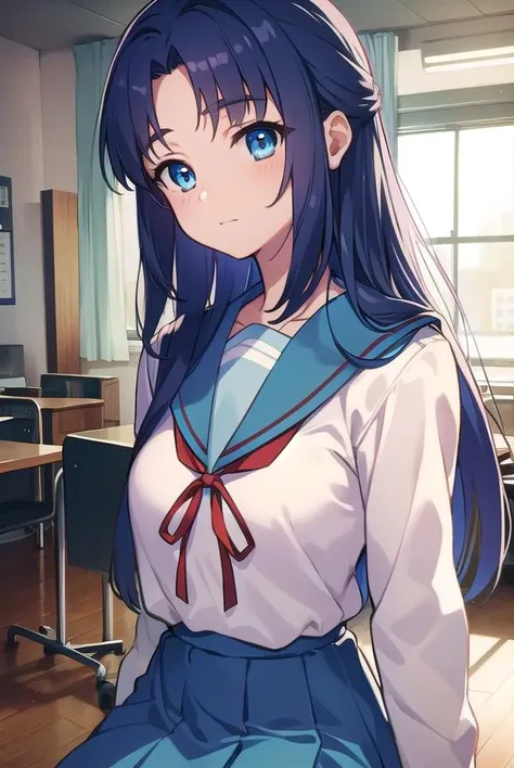 ryoukoasakura, <lora:ryoukoasakuratest:1>,
ryouko asakura, blue hair, blue eyes, long hair,
BREAK blue sailor collar, blue skirt, brown footwear, collarbone, kita high school uniform, loafers, long sleeves, red ribbon, ribbon, sailor collar, school uniform, shirt, shoes, skirt, socks, white shirt, white socks, winter uniform,
BREAK looking at viewer,
BREAK indoors, classroom,
BREAK <lora:GoodHands-vanilla:1>, (masterpiece:1.2), best quality, high resolution, unity 8k wallpaper, (illustration:0.8), (beautiful detailed eyes:1.6), extremely detailed face, perfect lighting, extremely detailed CG, (perfect hands, perfect anatomy),