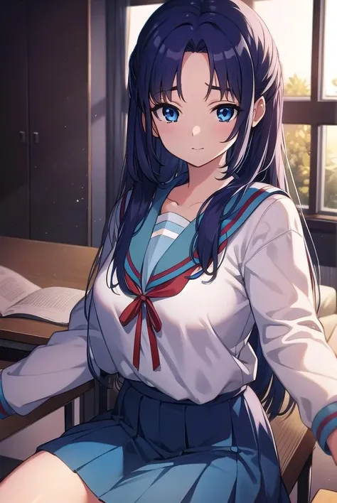 ryoukoasakura, <lora:ryoukoasakuratest:1>, 
ryouko asakura, blue hair, blue eyes, long hair,
BREAK blue sailor collar, blue skirt, brown footwear, collarbone, kita high school uniform, loafers, long sleeves, red ribbon, ribbon, sailor collar, school uniform, shirt, shoes, skirt, socks, white shirt, white socks, winter uniform,
BREAK looking at viewer,
BREAK indoors, classroom,
BREAK <lora:GoodHands-vanilla:1>, (masterpiece:1.2), best quality, high resolution, unity 8k wallpaper, (illustration:0.8), (beautiful detailed eyes:1.6), extremely detailed face, perfect lighting, extremely detailed CG, (perfect hands, perfect anatomy),