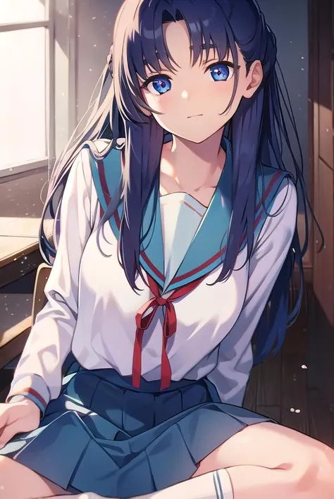 ryoukoasakura, <lora:ryoukoasakuratest:1>, 
ryouko asakura, blue hair, blue eyes, long hair,
BREAK blue sailor collar, blue skirt, brown footwear, collarbone, kita high school uniform, loafers, long sleeves, red ribbon, ribbon, sailor collar, school uniform, shirt, shoes, skirt, socks, white shirt, white socks, winter uniform,
BREAK looking at viewer,
BREAK indoors, classroom,
BREAK <lora:GoodHands-vanilla:1>, (masterpiece:1.2), best quality, high resolution, unity 8k wallpaper, (illustration:0.8), (beautiful detailed eyes:1.6), extremely detailed face, perfect lighting, extremely detailed CG, (perfect hands, perfect anatomy),