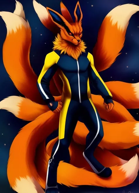 <lora:kurama-000001:1.0>, kurama, 1boy, solo, abs, red eyes, animal ears, body fur, colored sclera, fox ears, fox boy, fox tail, furrification, furry, furry male, kitsune, multiple tails, muscular, orange fur, standing, tail, toned, ((training suit)),