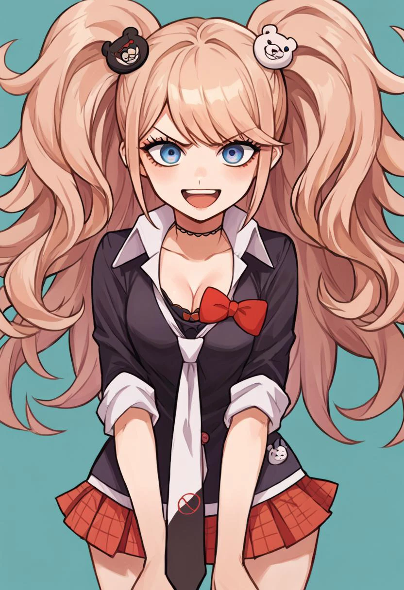 score_9, score_8_up, score_7_up, source_anime, thigh up, 1girl, smile, open mouth, v-shaped eyebrows, v arms, <lora:danganronpathh_enoshima_ponyXL:1> enoshima junko, twintails, bear hair ornament, school uniform, black shirt, white necktie, red bow, sleeves rolled up, skirt, choker, cleavage, aqua background