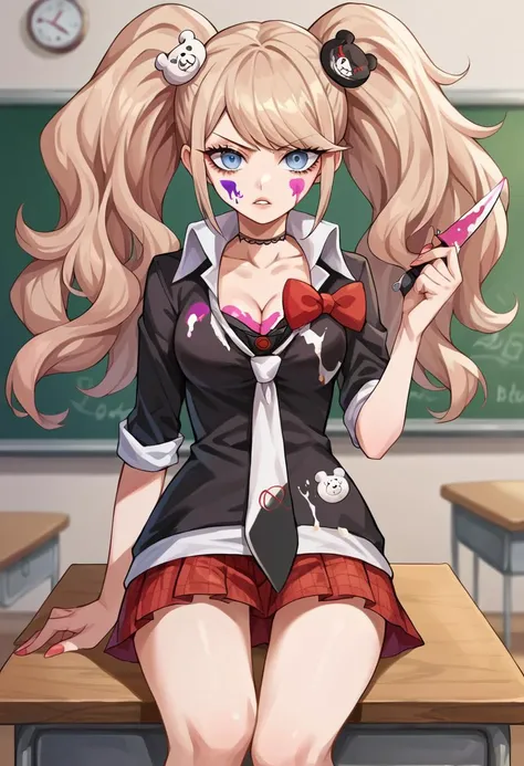 long hair, 1girl, hair ornament, twintails, solo, breasts, blue eyes, cleavage, bow, bear hair ornament, necktie, blonde hair, smile, bangs, large breasts, looking at viewer, collarbone, shirt, nail polish, red bow, black shirt, underwear, bra, skirt, choker, black bra, sleeves rolled up, white necktie, red nails, open mouth, pleated skirt, red skirt, shiny, teeth, medium breasts, miniskirt, shiny hair, upper body, school uniform, pink hair, boots, upper teeth only, plaid skirt, blush, knee boots, plaid, black footwear, cross-laced footwear, standing, white background, ((Shonen Style)), ((detailed background, intricate background:1.1)), ((beautiful, Extremely Detailed)), ((Best Quality)), ((Masterpiece)), ((4k)), junko enoshima <lora:junko-enoshima-lora-3:0.8>