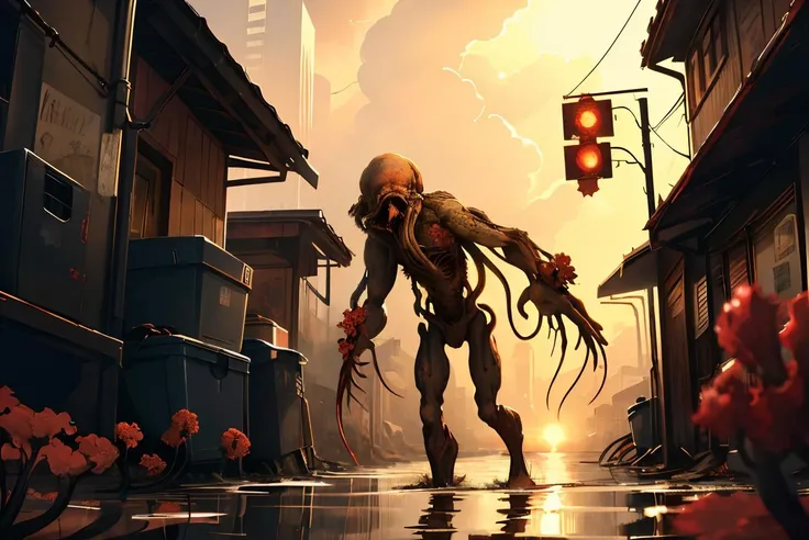 high quality, masterpiece, monster, flood, squid, flesh, red flowers, tentacles, crawling in a city alley, sunny, dark ambiance, spooky, <lora:flood5:1>