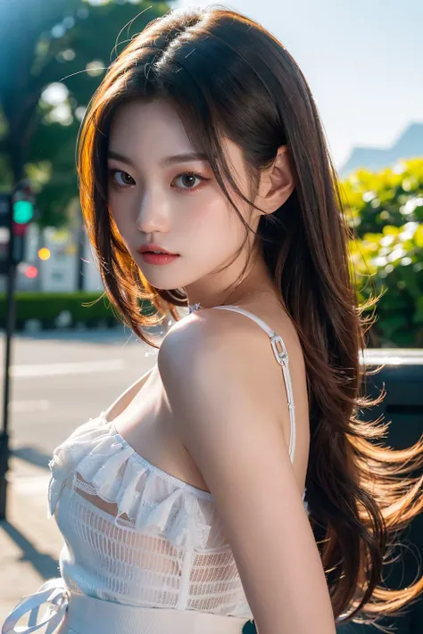 1womanl, up of face, mideum breasts, light brown hair, Blunt bangs, hair behind ear, hair over shoulder, Long hair, slender body shape, Ultra Fine Face, Thin face, Delicate lips, Beautiful eyes, thin blush, eyes are light brown, perfect glossy skin, flawless skin, Glistening sweat,View here, Ultra-thin hands, Ultra-fine fingers, best ratio four finger and one thumb, (realisitic:1.3), See-through white blouse. An amusement park, One-person viewpoint, Fuji Film, F/1.2, 8K, masutepiece, nffsw, Super Detail, High quality, Best Quality, hight resolution