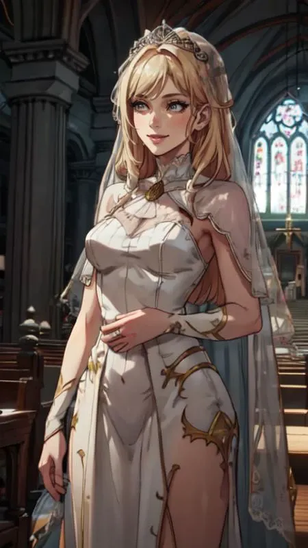 <lora:CholeV1:0.6>, chole, ice witch, blonde hair, smiling, happy, very long hair, bangs, (masterpiece:1.2, best quality:1.2, beautiful, high quality, highres:1.1, aesthetic), detailed, extremely detailed, ambient soft lighting, 4K, perfect lighting, <lora:Bridal:0.8>, (((bridal))), in church