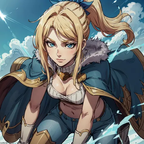 (headshot:1.4), (face close up of chole the ice witch), blonde hair, ponytail, sunny, (short luminous cape), furry collar, blue pants, midriff, pants, iron boots, very long hair, bangs, anime image, masterpiece, short cape,<lora:CholeV1:0.6>