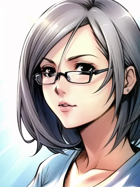 (best quality:1.0), young 1girl, stunningly attractive, perfect feminine face, (cute:1.2), silver short wavy hair, (aroused:1.1), playful, (white t-shirt), detailed background, black eyes, highres, dynamic angle, (cinematic lighting:1.2), (by Range Murata:1.0), (by Taka Tony:1.0), by Jeremy Lipking, cowboy shot, glasses
<lora:tetsuyaNomuraStyle_1:0.65>
