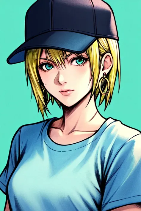 nomura tetsuya, masterpiece, best quality, 1girl, aqua eyes, baseball cap, blonde hair, closed mouth, earrings, green background, hat, hoop earrings, jewelry, looking at viewer, shirt, short hair, simple background, solo, upper body, yellow shirt <lora:nomura_tetsuya:0.6>