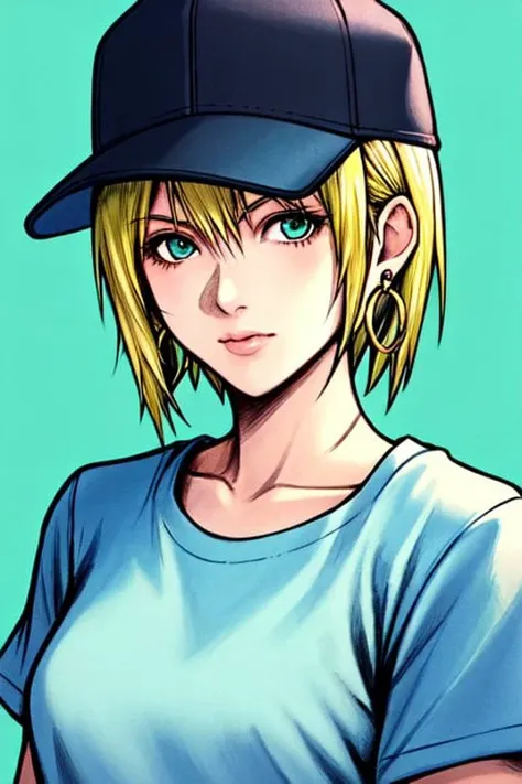 nomura tetsuya, masterpiece, best quality, 1girl, aqua eyes, baseball cap, blonde hair, closed mouth, earrings, green background, hat, hoop earrings, jewelry, looking at viewer, shirt, short hair, simple background, solo, upper body, yellow shirt <lora:nomura_tetsuya:0.6>